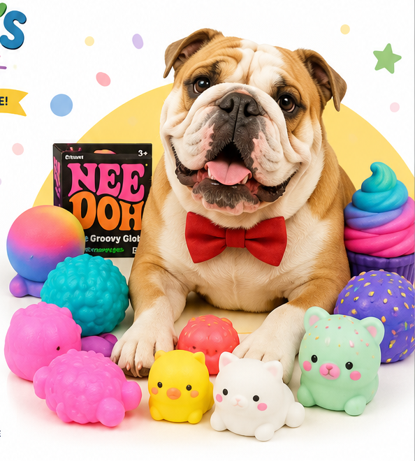 English bulldog mascot with colorful toys